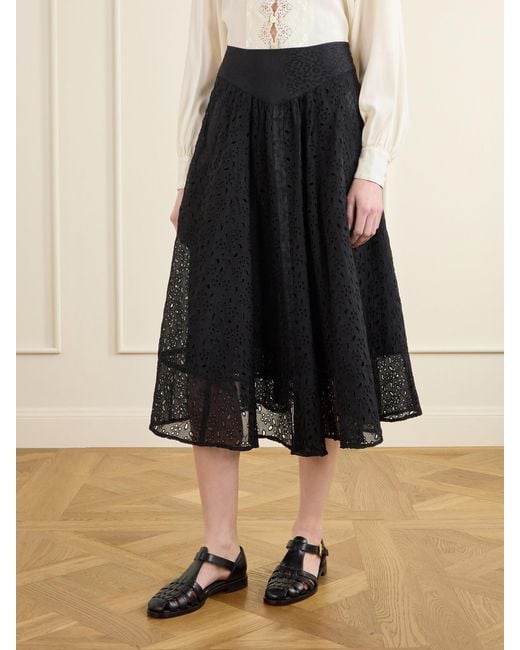 Maison Mayle Black Djuna Broderie Anglaise Silk Midi Skirt