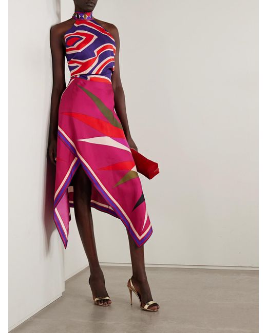 Emilio Pucci Pink Asymmetric Printed Silk-Twill Maxi Skirt