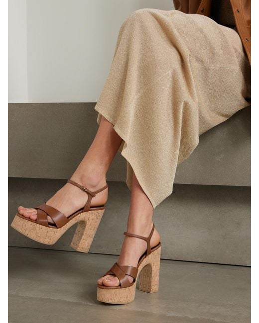 Saint Laurent Brown Bianca Leather Platform Sandals