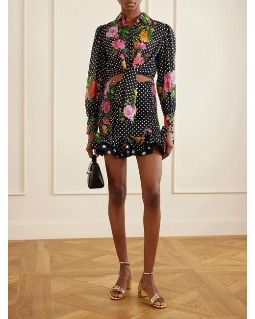 Charo Ruiz Black Alameda Shirred Ruffled Floral-Print Polka-Dot Cotton-Blend Mini Skirt