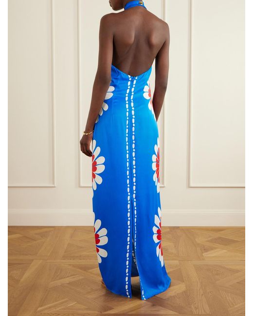 Cala De La Cruz Blue Oliviera Floral-Print Satin Halterneck Maxi Dress
