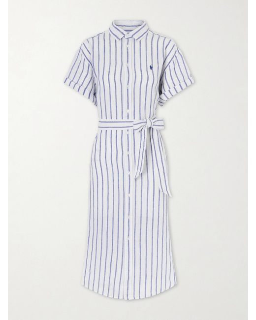 Polo Ralph Lauren Blue Belted Striped Linen Midi Dress