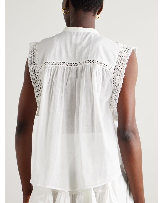 Isabel Marant White Gresia Bluse Aus Baumwoll-Voile Mit Biesen Und Häkelbesätzen