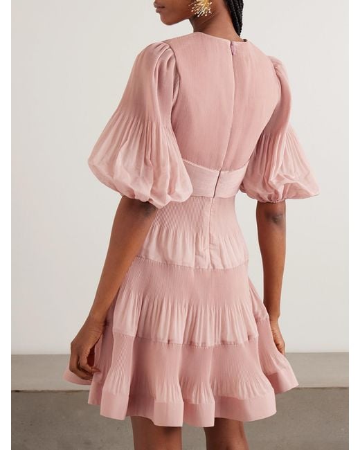 zimmermann rosa silk tiered dress Zimmermann Tiered Plissé Silk-Organza Mini Dress in Pink