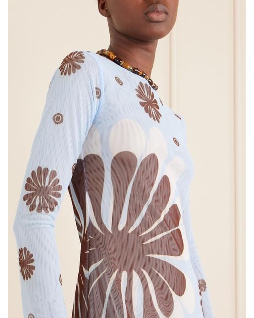 Cala De La Cruz Blue Tania Printed Mesh Midi Dress