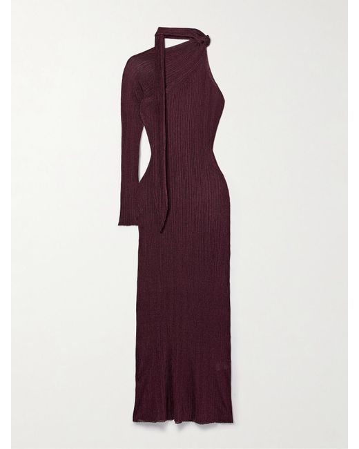 Rabanne Purple Asymmetrisches Maxikleid Aus Plissiertem Metallic-Strick Mit Schluppe