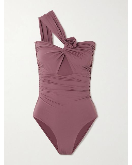Maygel Coronel Purple Rodríguez One-Shoulder Appliquéd Ruched Cutout Swimsuit