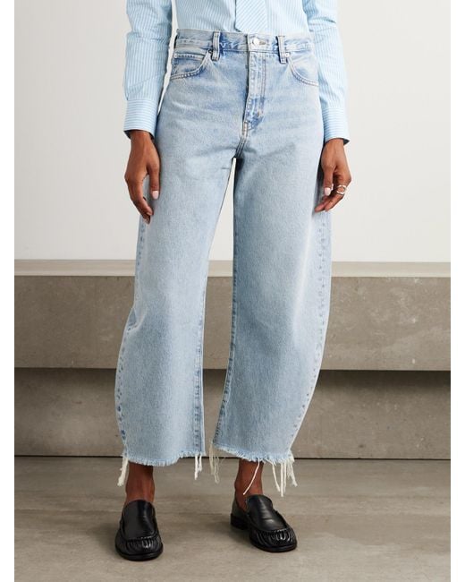 FRAME Blue The Bubble Crop Frayed High-Rise Barrel-Leg Jeans