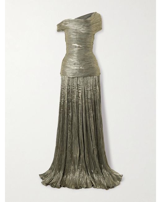 Marmar Halim Green Off-The-Shoulder Ruched Metallic Plissé-Chiffon Gown