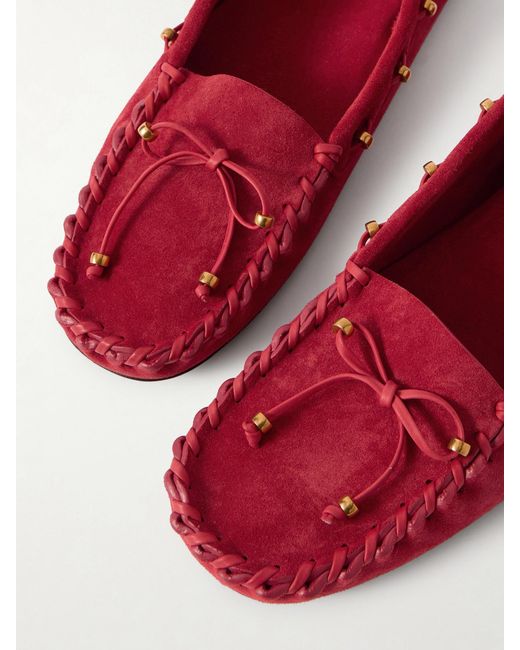 Khaite Red Milly Embellished Whipstitched Suede Loafers
