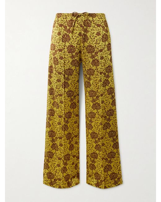 Dries Van Noten Yellow Satin-Jacquard Wide-Leg Pants