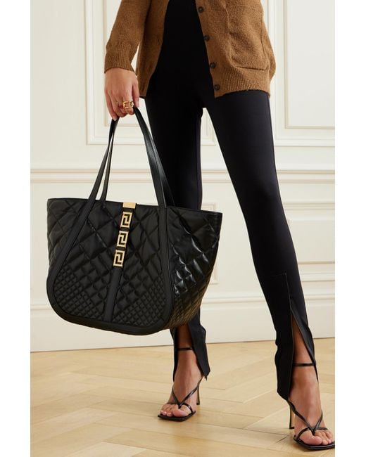 Versace Greca Goddess Large Embellished Quilted Leather Tote in Black ...