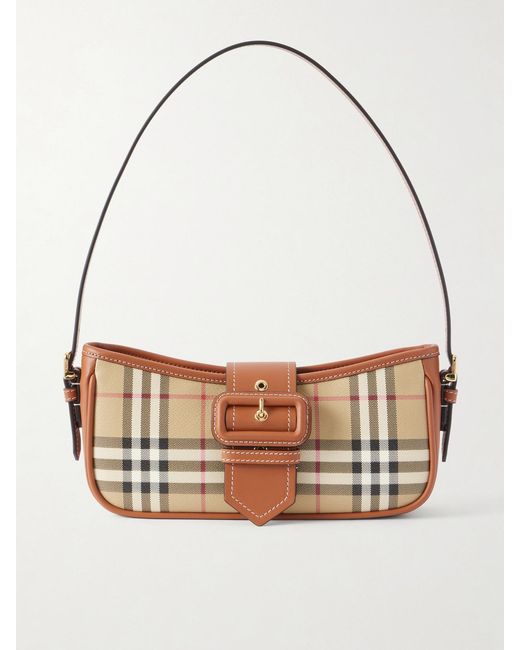 Burberry White Leather-Trimmed Checked Canvas Shoulder Bag