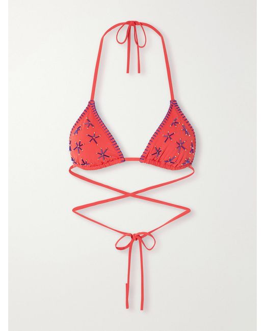 Staud Red Lido Bead-Embellished Triangle Bikini Top