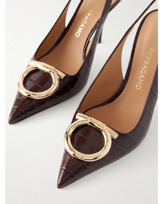 Ferragamo Brown Sara 95 Croc-Effect Leather Slingback Pumps