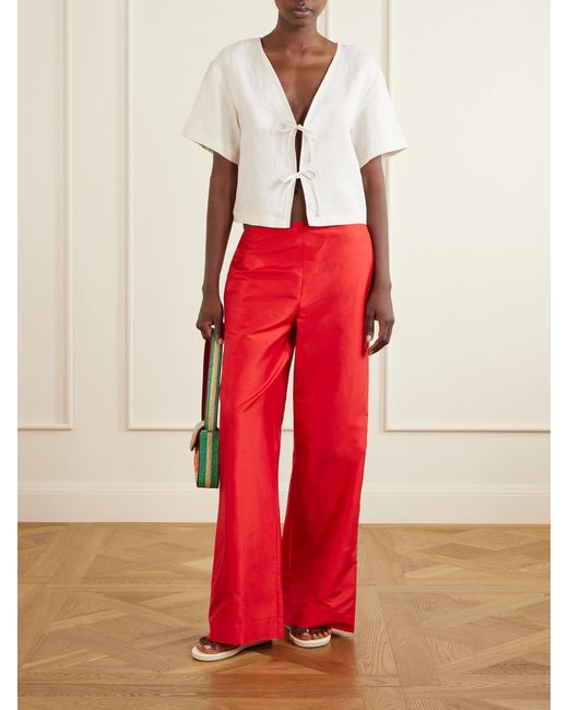 Staud Red Stroll Silk-Dupioni Wide-Leg Pants