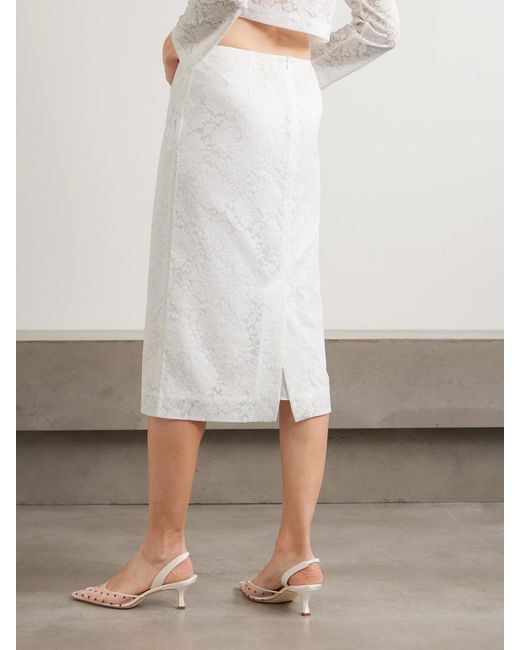 ShuShu/Tong White Bow-Embellished Satin-Trimmed Lace Midi Skirt