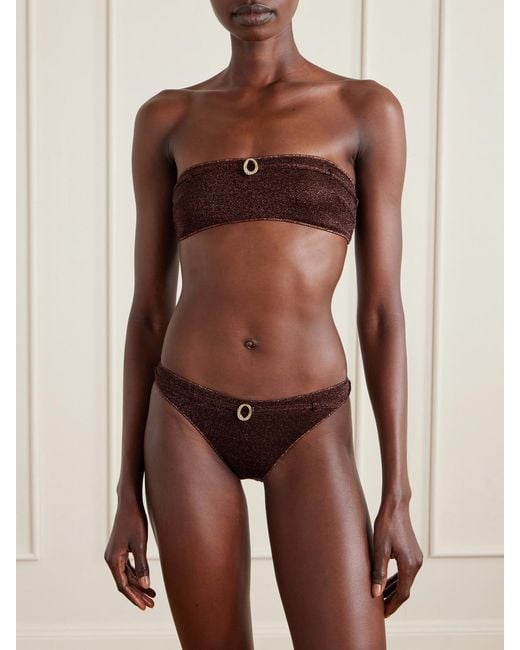 Oseree Brown Lumière Micro Belt Bandeau Embellished Stretch-Lurex Bikini