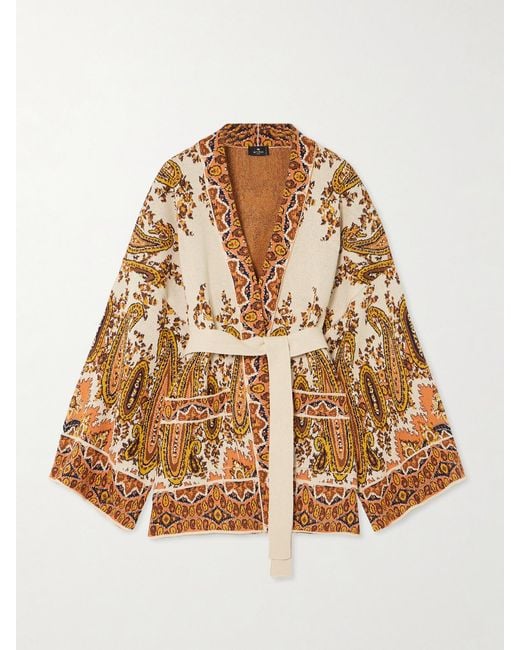 Etro Brown Belted Intarsia Cotton-Blend Cardigan