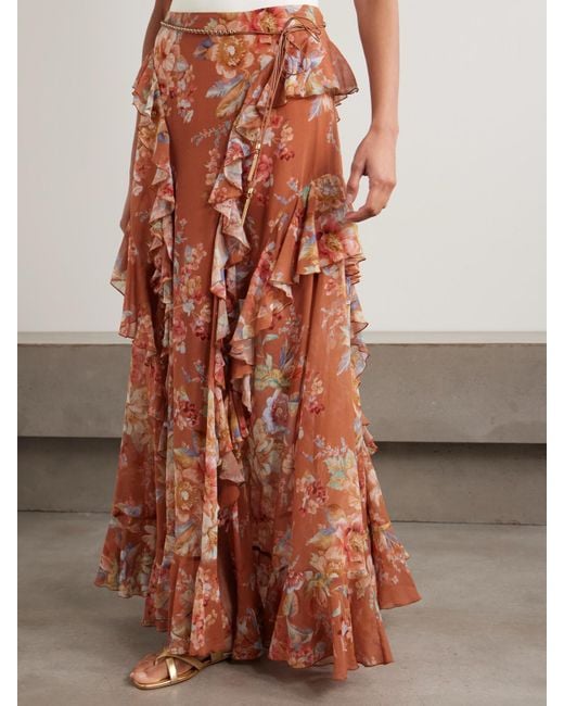Zimmermann Brown Awaken Belted Ruffled Floral-Print Cotton And Silk-Blend Crepe De Chine Maxi Skirt