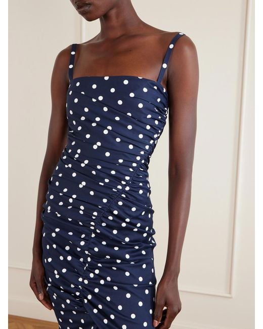 Carolina Herrera Blue Gathered Polka-Dot Cotton-Blend Twill Gown