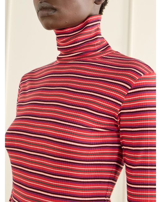 Dries Van Noten Red Striped Ribbed Cotton-Blend Turtleneck Sweater