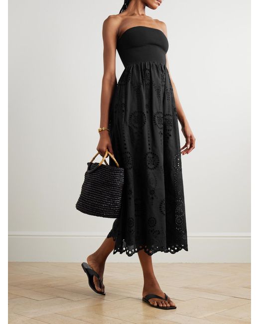 Matteau Black Strapless Broderie Anglaise Organic Cotton And Stretch-Knit Midi Dress