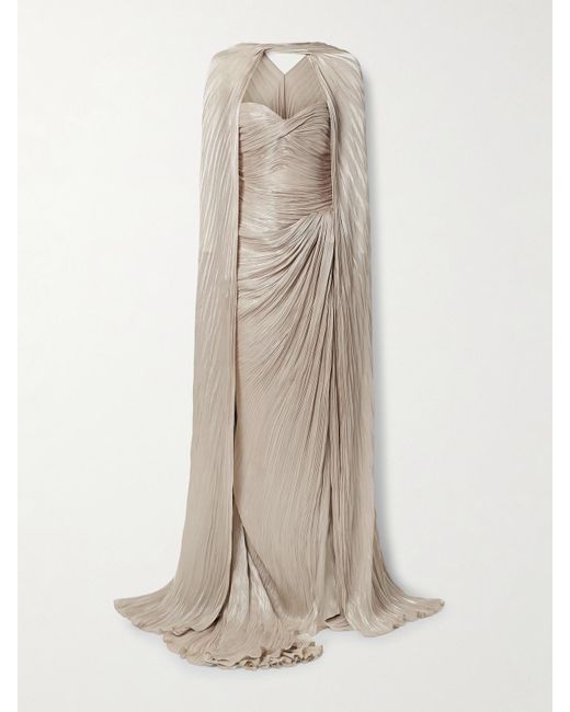 Marmar Halim Natural Strapless Draped Metallic Plissé-Silk Gown And Cape