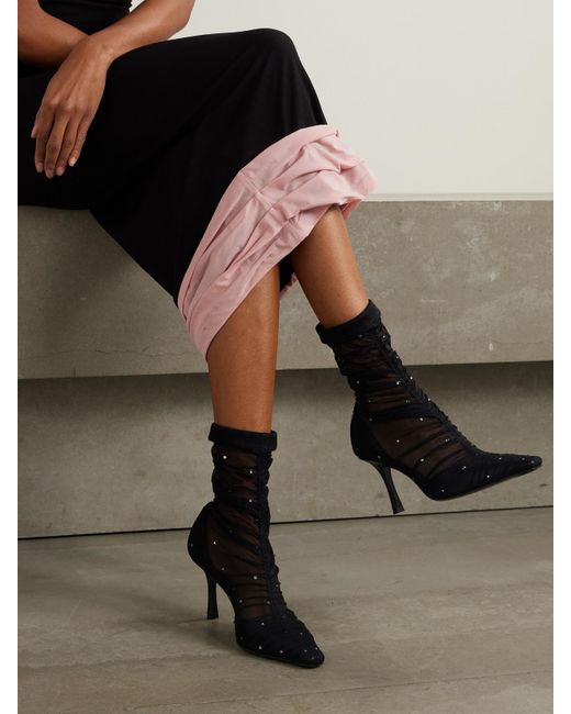 Jimmy Choo Black Lotta 85 Embellished Mesh Sock Boots