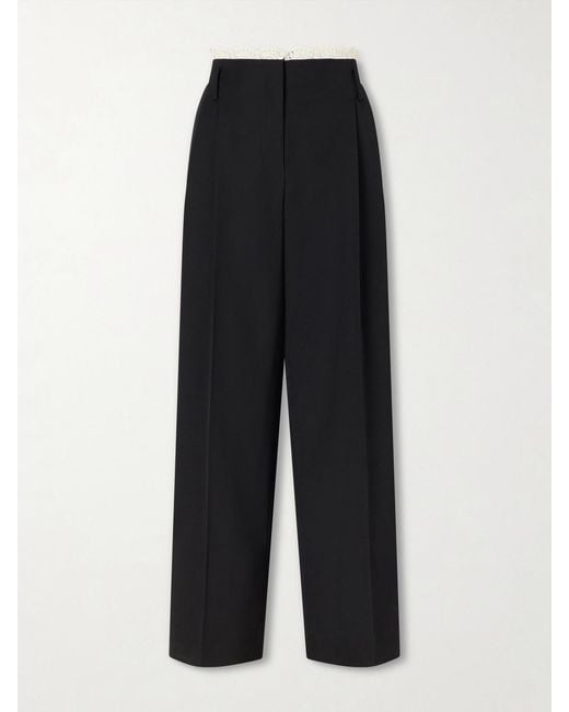 Magda Butrym Black Pleated Lace-Trimmed Wool Wide-Leg Pants