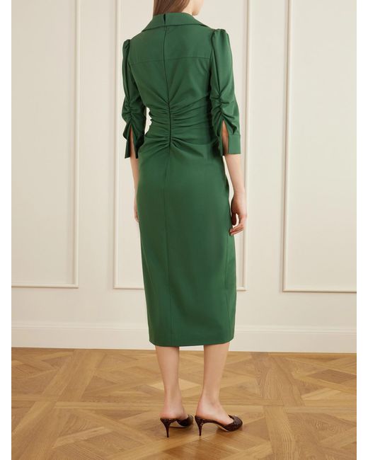 Carolina Herrera Green Rouched Wool-Blend Midi Dress