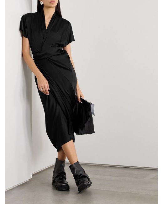 Rick Owens Black Draped Satin Midi Wrap Dress