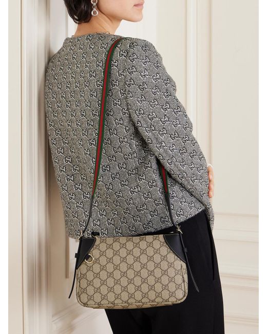 Gucci Natural Gg Emblem Small Leather-Trimmed Coated-Canvas Shoulder Bag