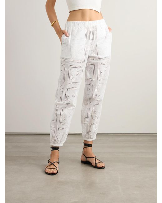 Tory Burch White Eyelet Beach Embroidered Cotton Tapered Pants