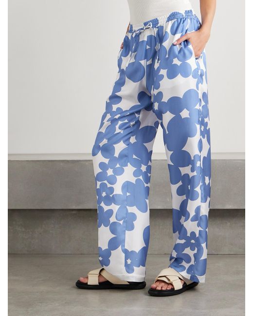 Marni Blue Floral-Print Silk-Satin Twill Straight-Leg Pants