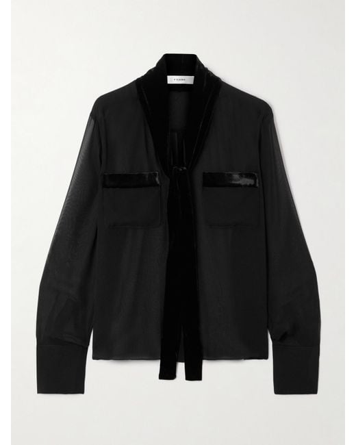 FRAME Black Pussy-Bow Velvet-Trimmed Silk-Chiffon Blouse