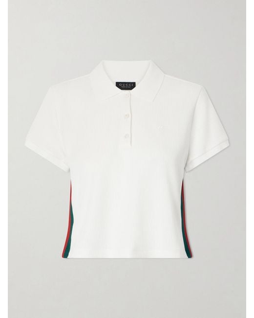 Gucci White Web-Trimmed Ribbed-Jersey Polo Shirt