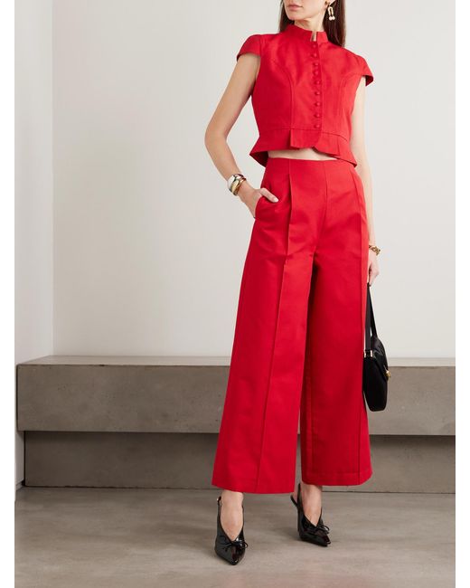 D'Estree Red Martha Pleated Cotton Wide-Leg Pants
