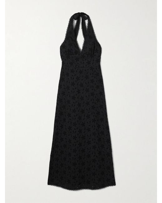 Posse Black Salma Broderie Anglaise Cotton Halterneck Midi Dress