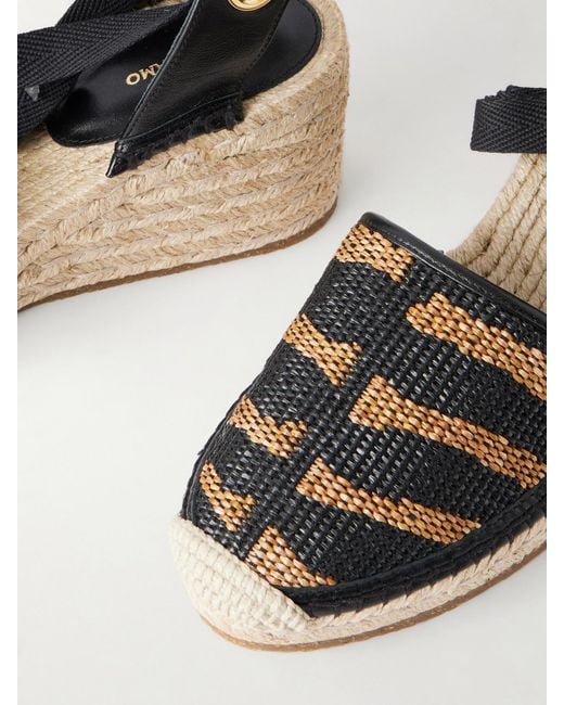 Ferragamo Black Zanta Zebra 70 Leather-Trimmed Woven Raffia Espadrillas Wedge