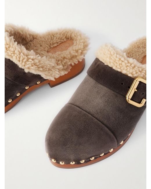Chloé Brown Jeannette Embellished Shearling-Lined Suede Clogs