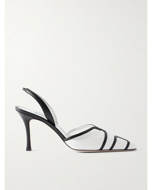 Manolo Blahnik White Sarto 90 Two-Tone Leather Slingback Pumps