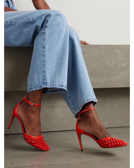 Alaïa Red 90 Embellished Fishnet And Patent-Leather Pumps