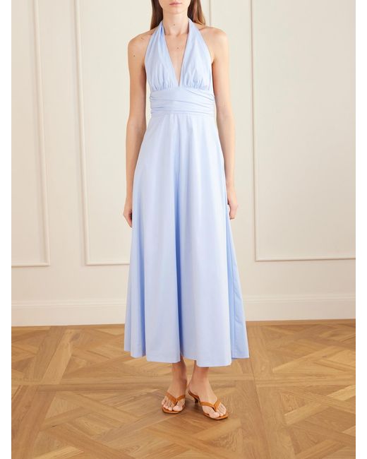 BERNADETTE Blue Marilyn Organic Cotton-Blend Poplin Halterneck Maxi Dress