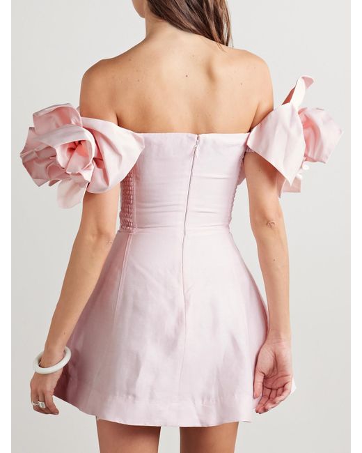 Aje. Pink Etta Schulterfreies Minikleid Aus Einer Leinenmischung Mit Applikationen