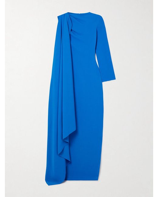 Solace London Blue Lydia Asymmetric Draped Crepe Gown