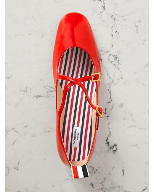 Thom Browne Red Grosgrain-Trimmed Patent-Leather Ballet Flats