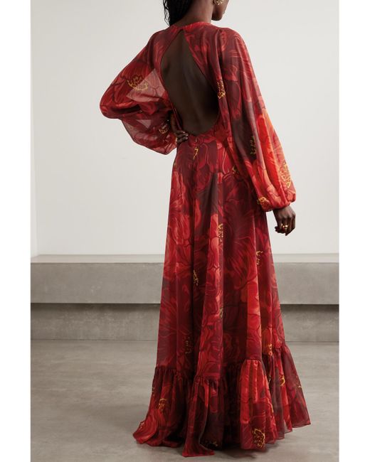 LaDoubleJ Red Eve Floral-Print Chiffon Maxi Dress