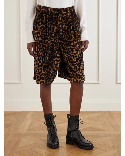 R13 Brown Jumbo Pleated Leopard-Print Cotton-Velvet Shorts