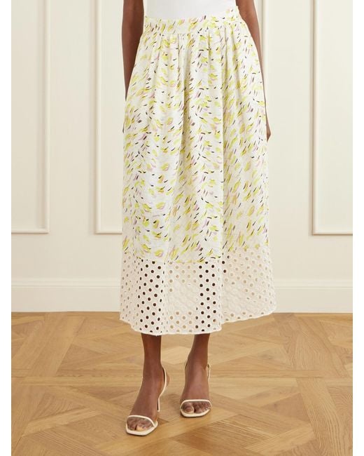Marni Natural Broderie Anglaise-Trimmed Printed Linen Midi Skirt